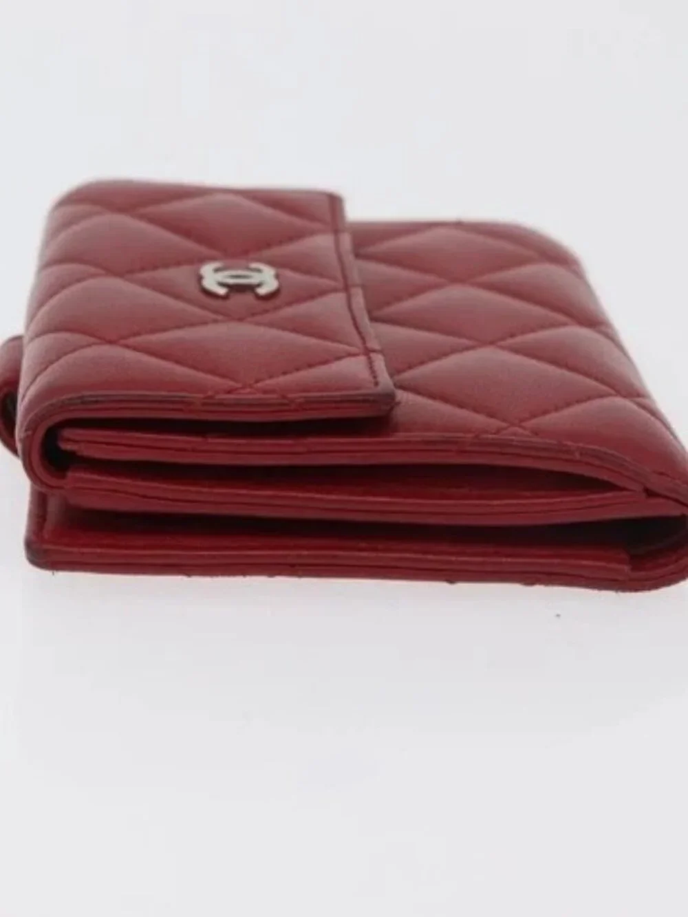 CHANEL Matelasse Compact Wallet Lamb Skin Red Silver CC Auth 179886A